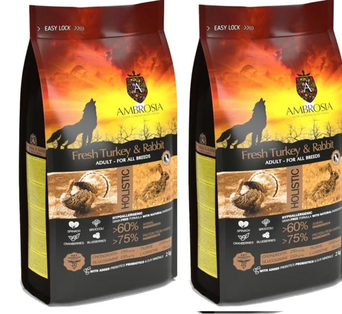 2 שקי אמברוסיה מזון לכלב בוגר רגיש הודו וארנבת 12 ק"ג חום